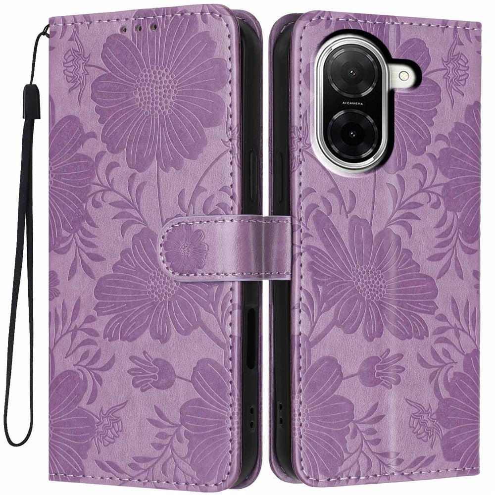 For Xiaomi Redmi A5 NFC (EU) (173.45mm) Wallet Case Imprint Floral PU Leather Stand Flip Phone Cover with Wrist Strap