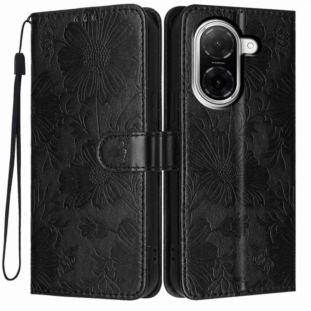 For Xiaomi Redmi A5 NFC (EU) (173.45mm) Wallet Case Imprint Floral PU Leather Stand Flip Phone Cover with Wrist Strap