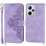 For Xiaomi Redmi Note 12 Pro+ 5G Phone Shell Skin-touch Feeling Imprinted Flowers Stand Leather Wallet Cover with Wrist Strap and Shoulder Strap
