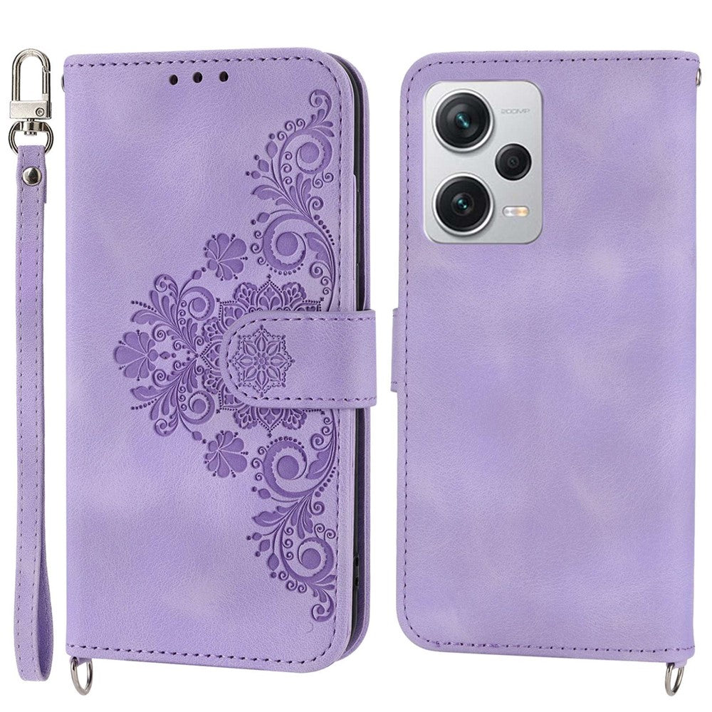 For Xiaomi Redmi Note 12 Pro+ 5G Phone Shell Skin-touch Feeling Imprinted Flowers Stand Leather Wallet Cover with Wrist Strap and Shoulder Strap