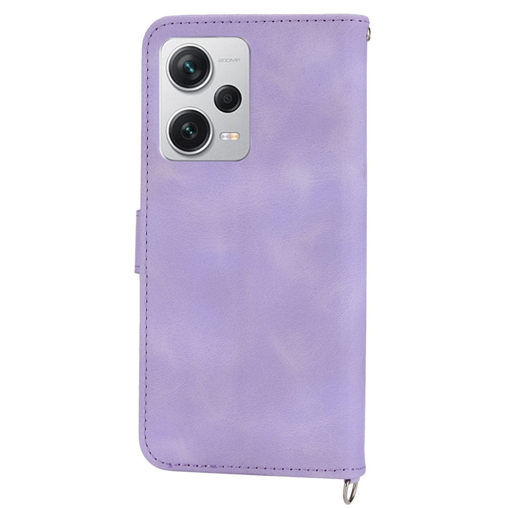 For Xiaomi Redmi Note 12 Pro+ 5G Phone Shell Skin-touch Feeling Imprinted Flowers Stand Leather Wallet Cover with Wrist Strap and Shoulder Strap