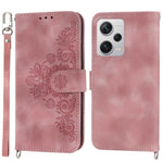 For Xiaomi Redmi Note 12 Pro+ 5G Phone Shell Skin-touch Feeling Imprinted Flowers Stand Leather Wallet Cover with Wrist Strap and Shoulder Strap