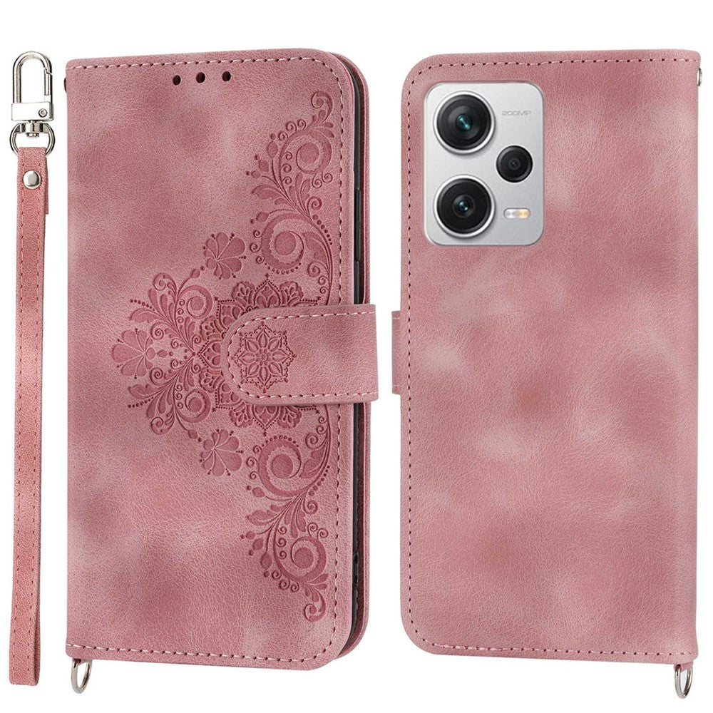For Xiaomi Redmi Note 12 Pro+ 5G Phone Shell Skin-touch Feeling Imprinted Flowers Stand Leather Wallet Cover with Wrist Strap and Shoulder Strap