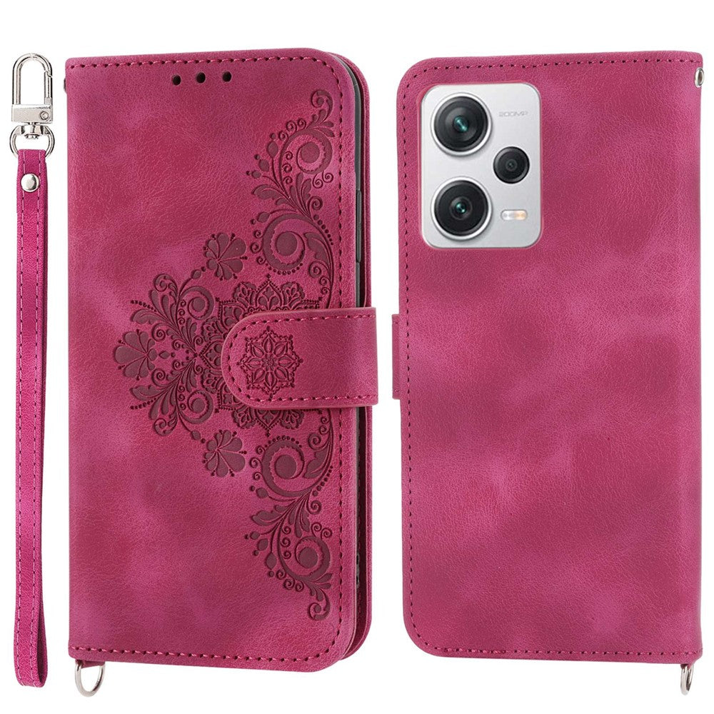 For Xiaomi Redmi Note 12 Pro+ 5G Phone Shell Skin-touch Feeling Imprinted Flowers Stand Leather Wallet Cover with Wrist Strap and Shoulder Strap