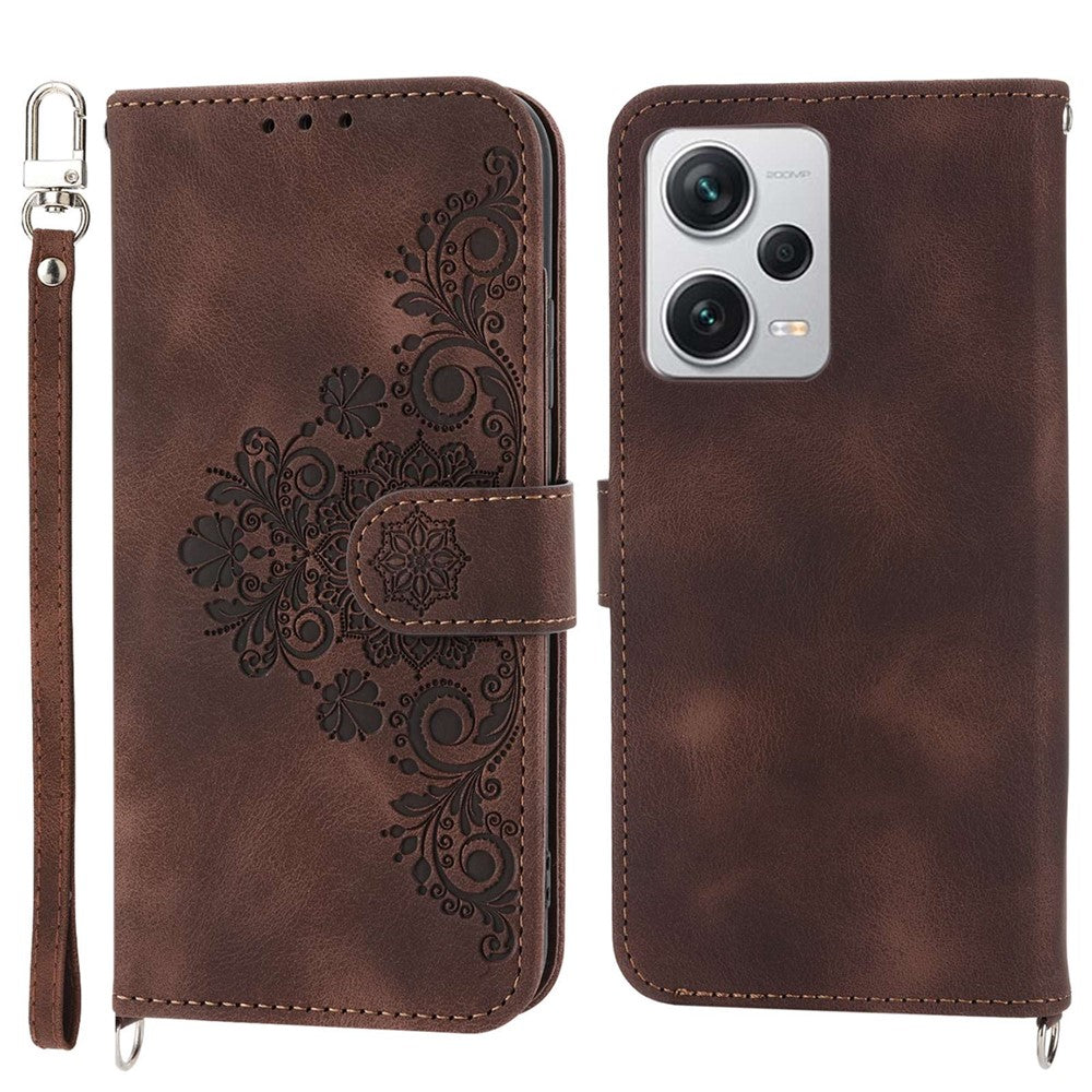 For Xiaomi Redmi Note 12 Pro+ 5G Phone Shell Skin-touch Feeling Imprinted Flowers Stand Leather Wallet Cover with Wrist Strap and Shoulder Strap