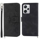 For Xiaomi Redmi Note 12 Pro+ 5G Phone Shell Skin-touch Feeling Imprinted Flowers Stand Leather Wallet Cover with Wrist Strap and Shoulder Strap