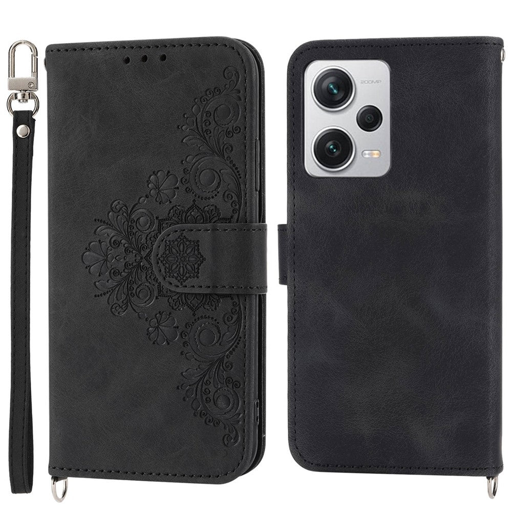 For Xiaomi Redmi Note 12 Pro+ 5G Phone Shell Skin-touch Feeling Imprinted Flowers Stand Leather Wallet Cover with Wrist Strap and Shoulder Strap