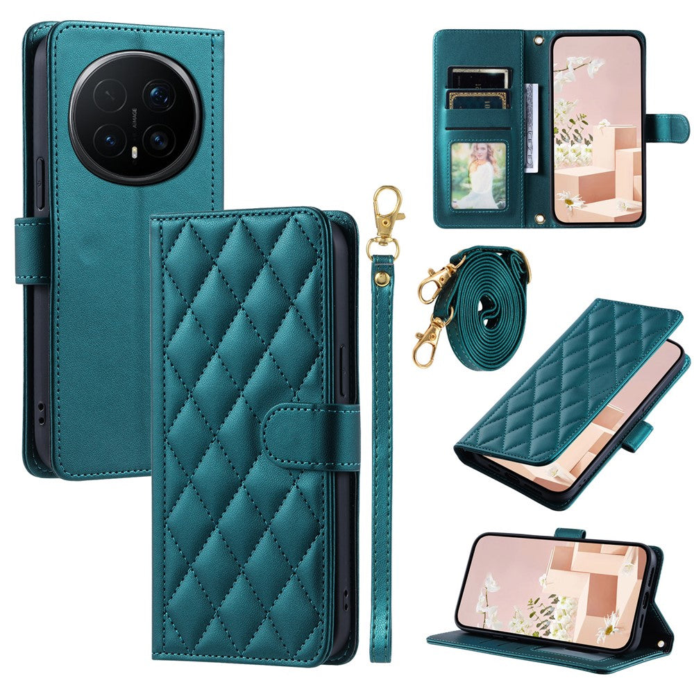 For Honor Magic8 5G PU Leather Case Wallet Rhombus Grid Phone Cover with Shoulder Strap  /  Wrist Strap