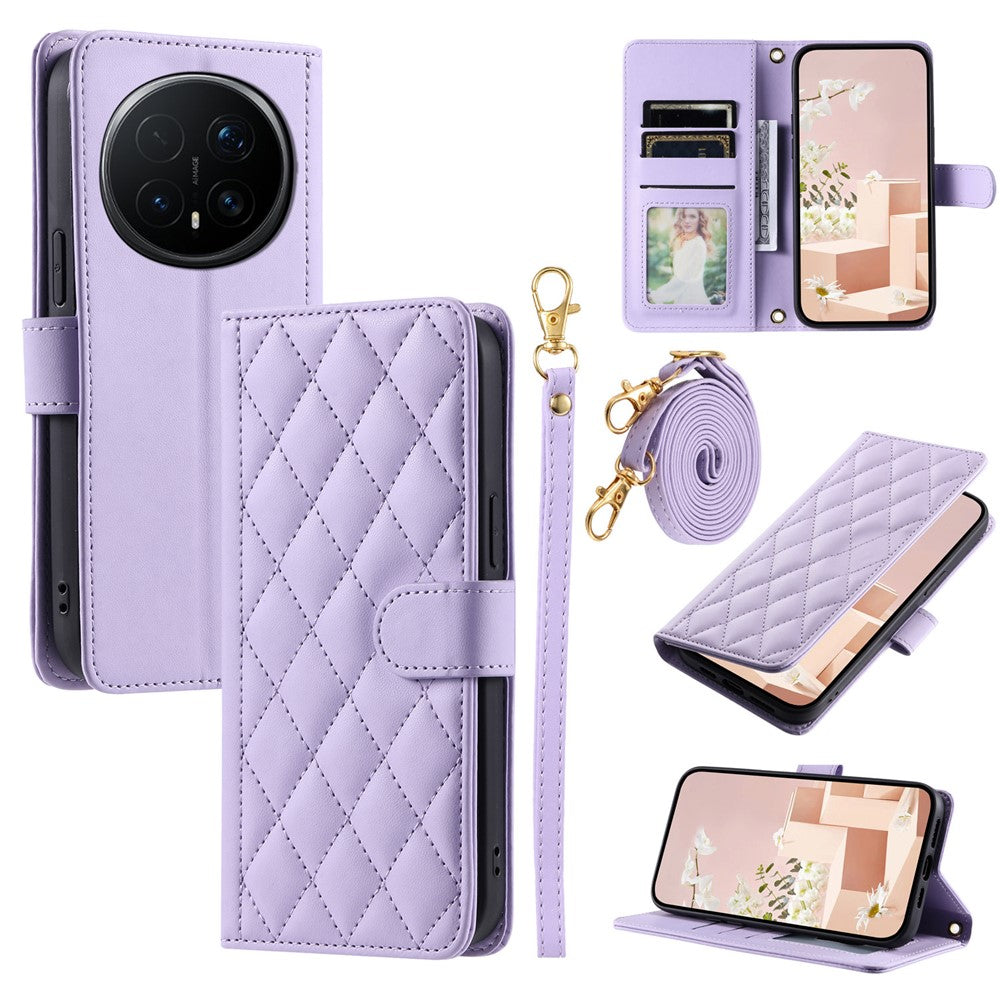 For Honor Magic8 5G PU Leather Case Wallet Rhombus Grid Phone Cover with Shoulder Strap  /  Wrist Strap