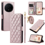 For Honor Magic8 Pro 5G PU Leather Case Wallet Rhombus Grid Phone Cover with Shoulder Strap  /  Wrist Strap