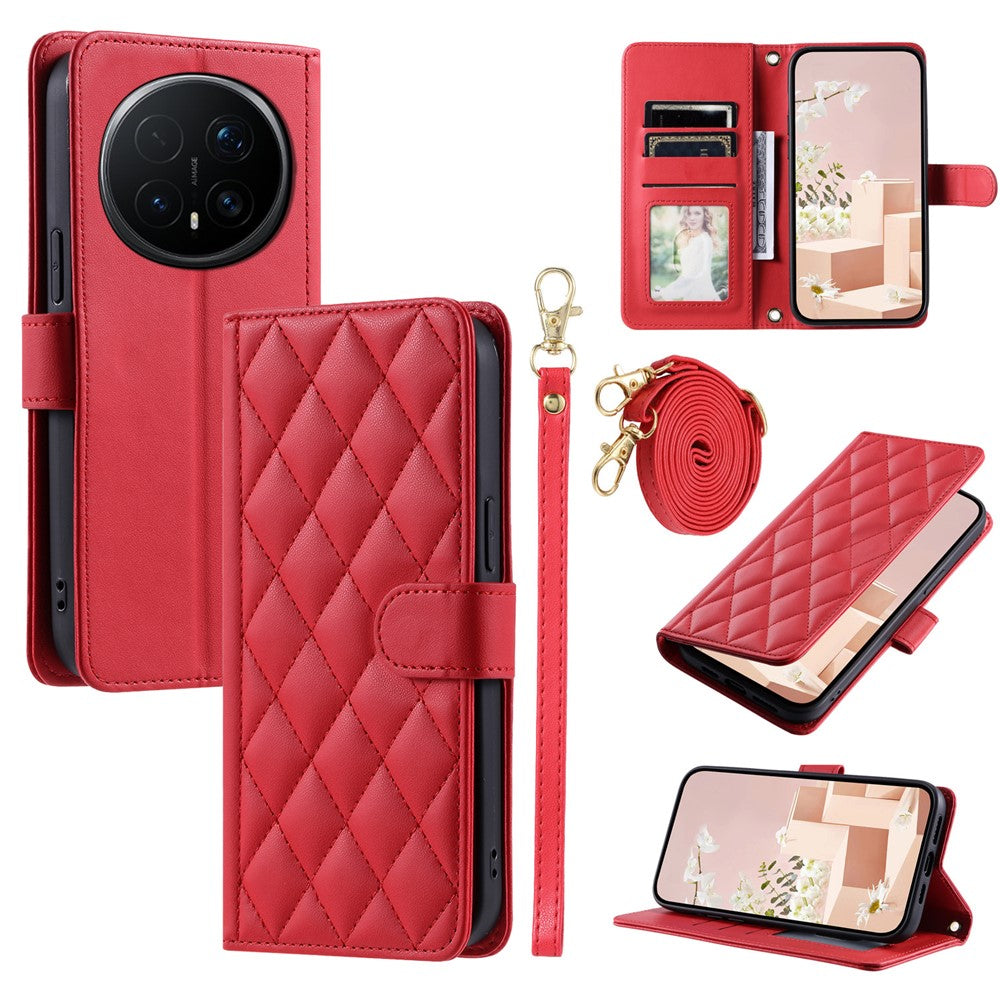 For Honor Magic8 Pro 5G PU Leather Case Wallet Rhombus Grid Phone Cover with Shoulder Strap  /  Wrist Strap
