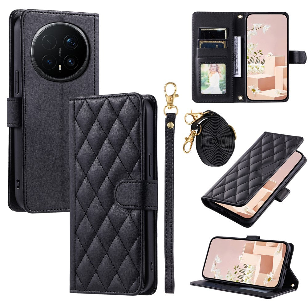 For Honor Magic8 Pro 5G PU Leather Case Wallet Rhombus Grid Phone Cover with Shoulder Strap  /  Wrist Strap