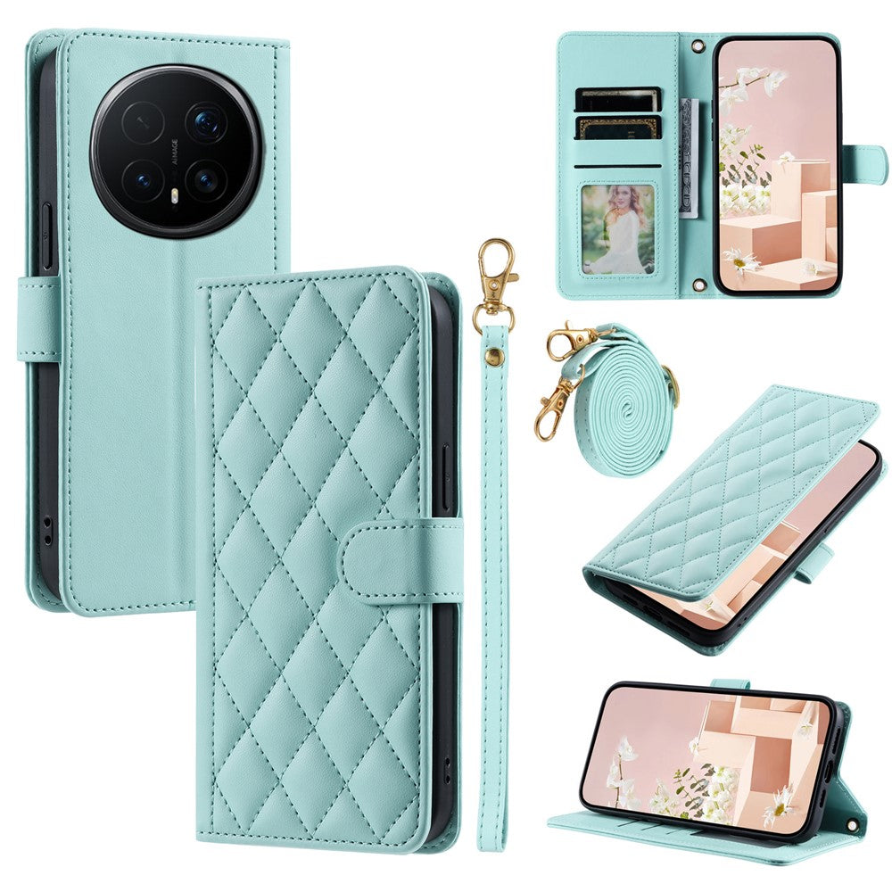 For Honor Magic8 Pro 5G PU Leather Case Wallet Rhombus Grid Phone Cover with Shoulder Strap  /  Wrist Strap
