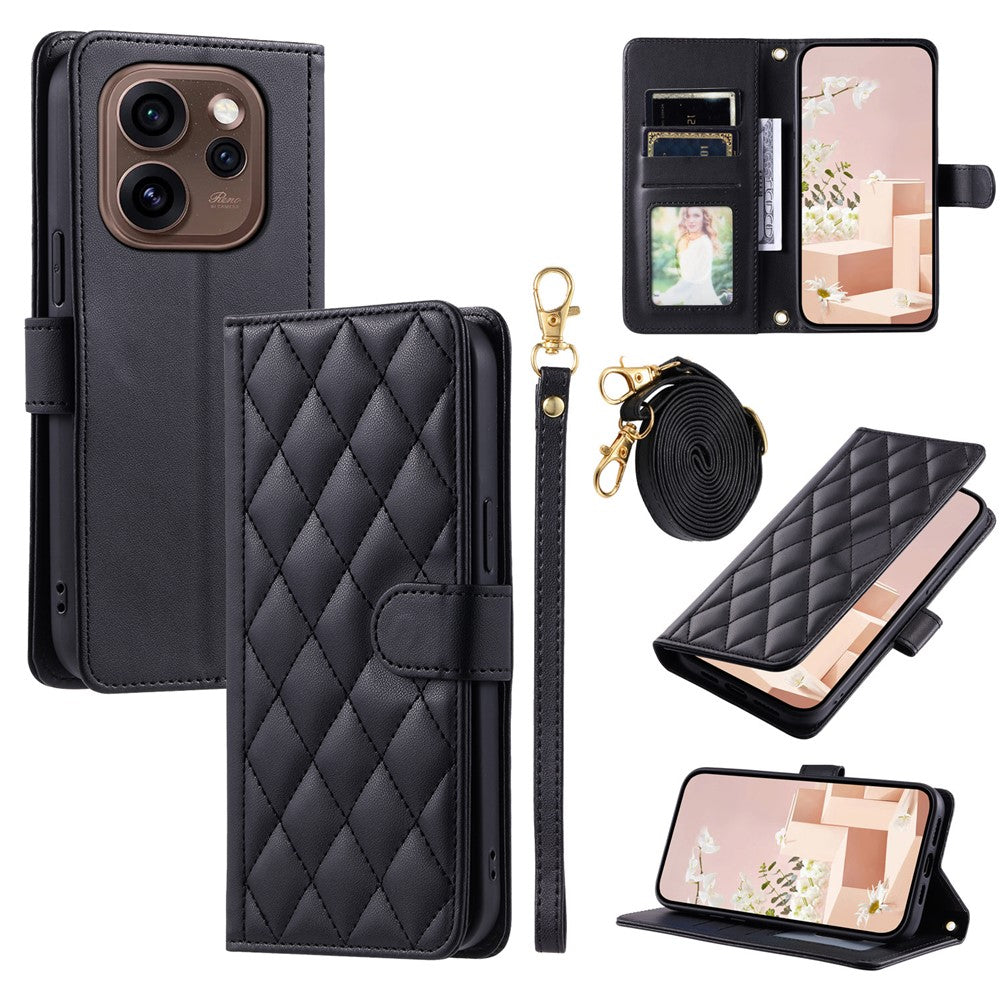 PU-läderfodral till Oppo Reno15 Pro Max 5G (Global) / Reno15 Pro 5G (Kina) Plånboksfodral med Rhombus Grid-mönster och axelrem / handledsrem