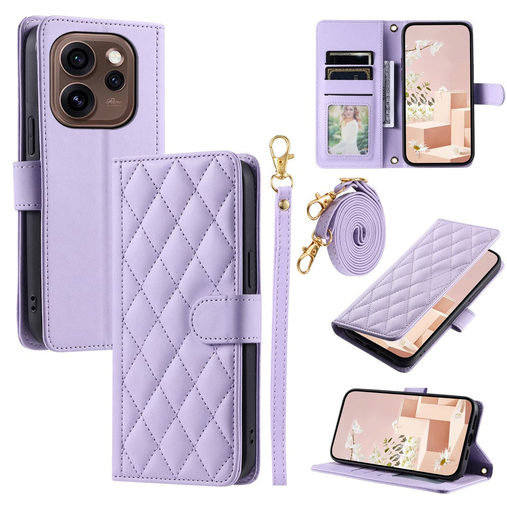 PU-läderfodral till Oppo Reno15 Pro Max 5G (Global) / Reno15 Pro 5G (Kina) Plånboksfodral med Rhombus Grid-mönster och axelrem / handledsrem