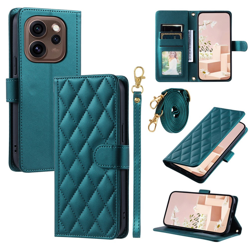PU-läderfodral till Oppo Reno15 Pro Max 5G (Global) / Reno15 Pro 5G (Kina) Plånboksfodral med Rhombus Grid-mönster och axelrem / handledsrem