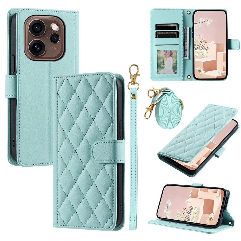 PU-läderfodral till Oppo Reno15 Pro Max 5G (Global) / Reno15 Pro 5G (Kina) Plånboksfodral med Rhombus Grid-mönster och axelrem / handledsrem
