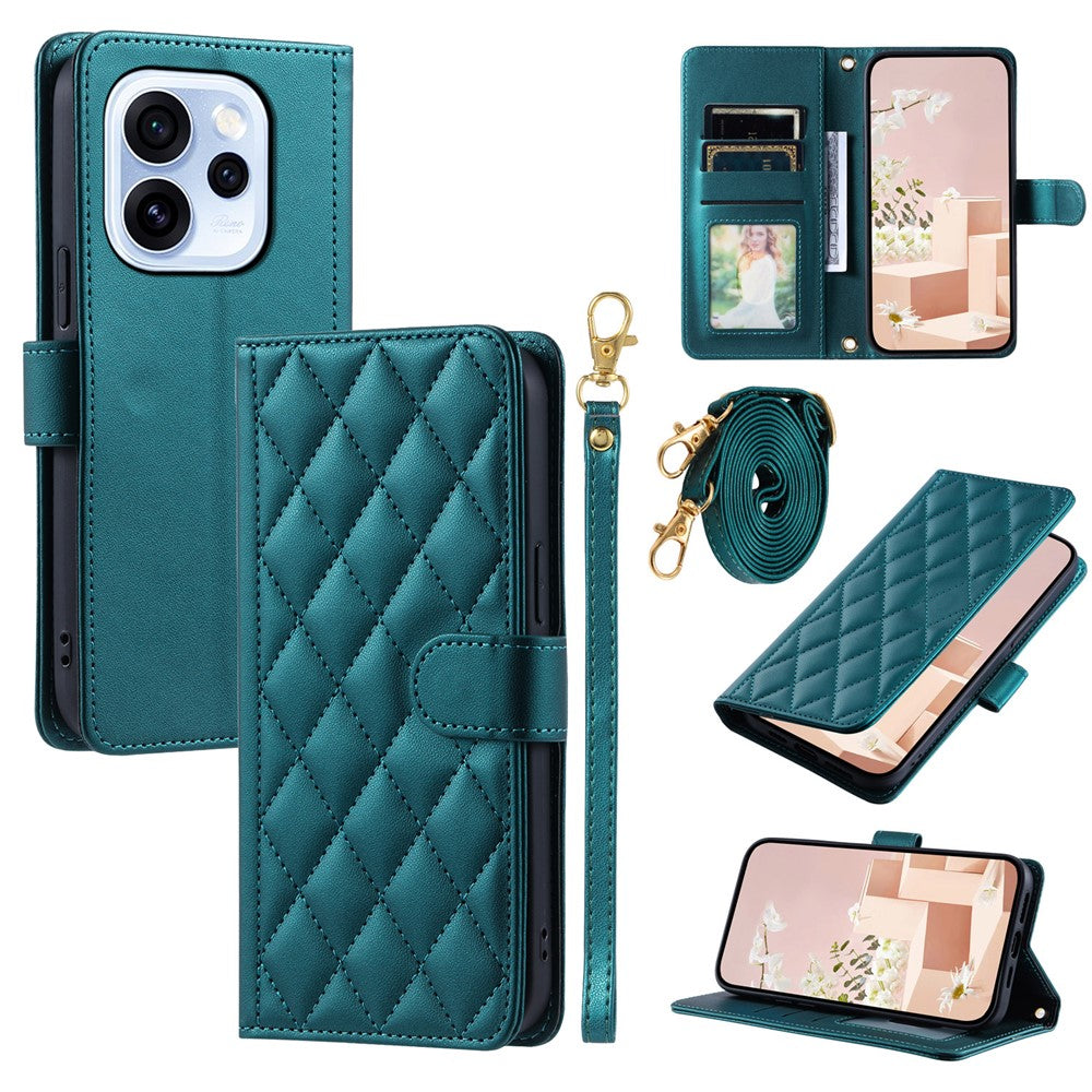 PU-läderfodral till Oppo Reno15 F 5G / Reno15 FS 5G Plånboksfodral med Rhombus Grid-mönster och axelrem/handledsrem