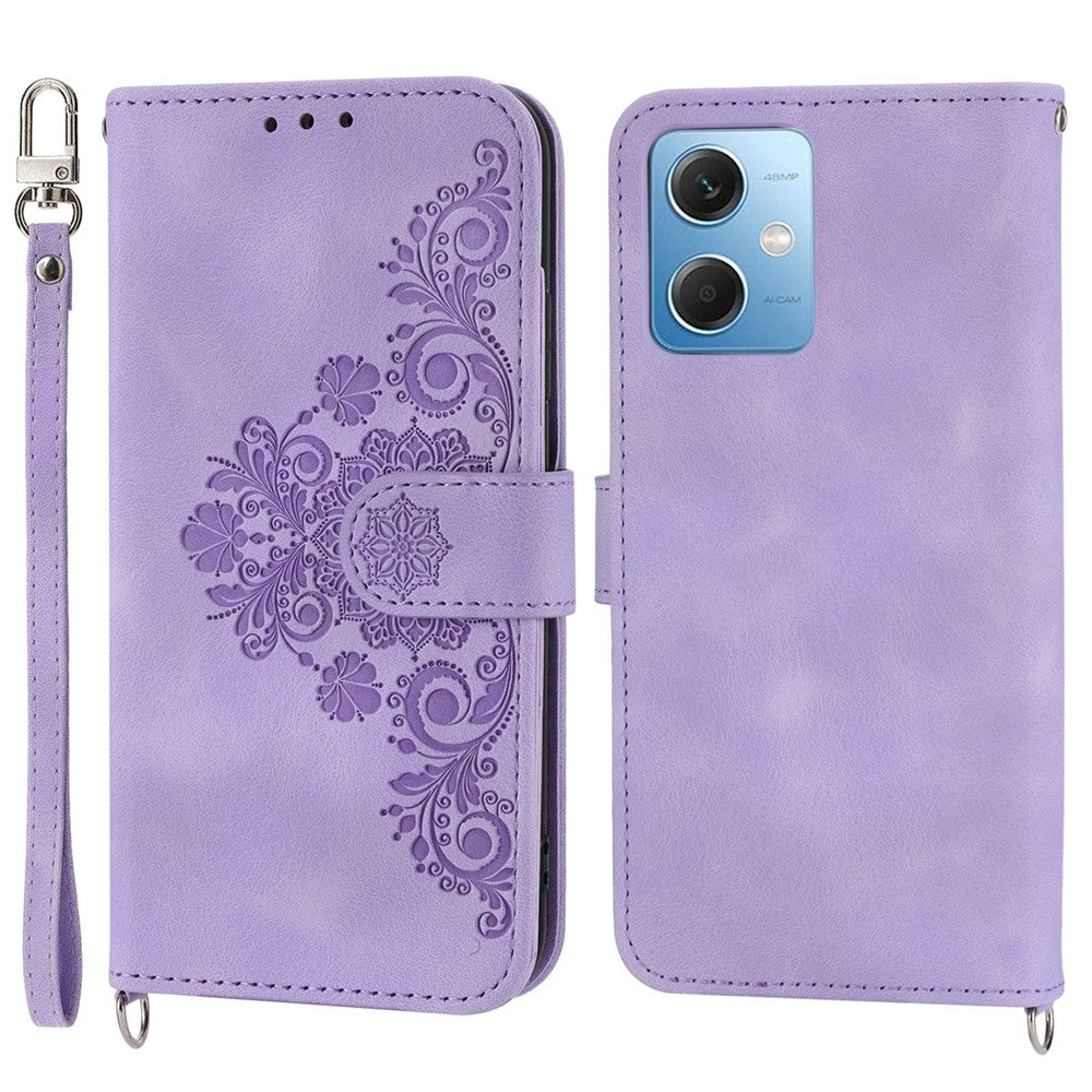 Xiaomi Redmi Note 12 5G (Global) / (Indien) / (Kina) / Poco X5 5G-mobilcover med hudvenlig overflade, prægede blomster, stativ, læderpung med håndledsrem og skulderrem