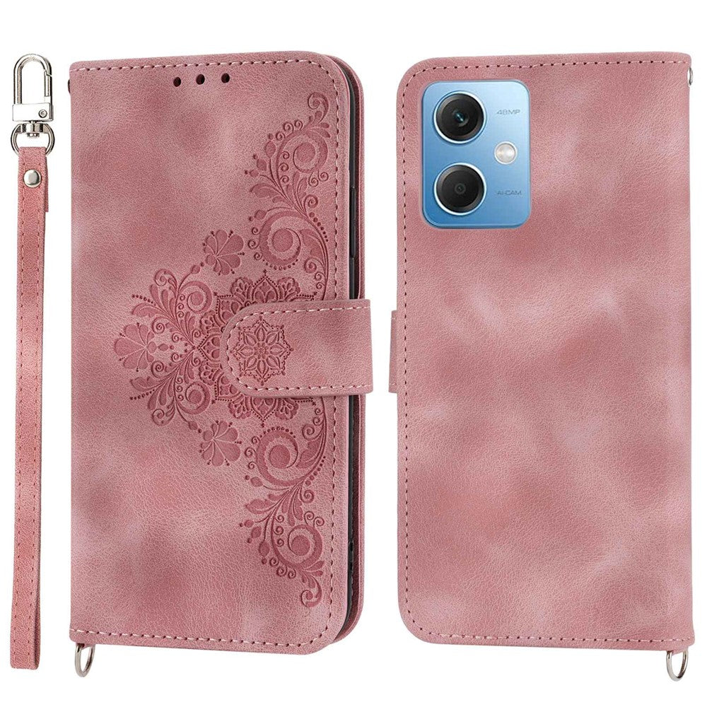 Xiaomi Redmi Note 12 5G (Global) / (Indien) / (Kina) / Poco X5 5G Mobilskal med hudkänsla, präglade blommor, stativ, läderplånbok med handledsrem och axelrem