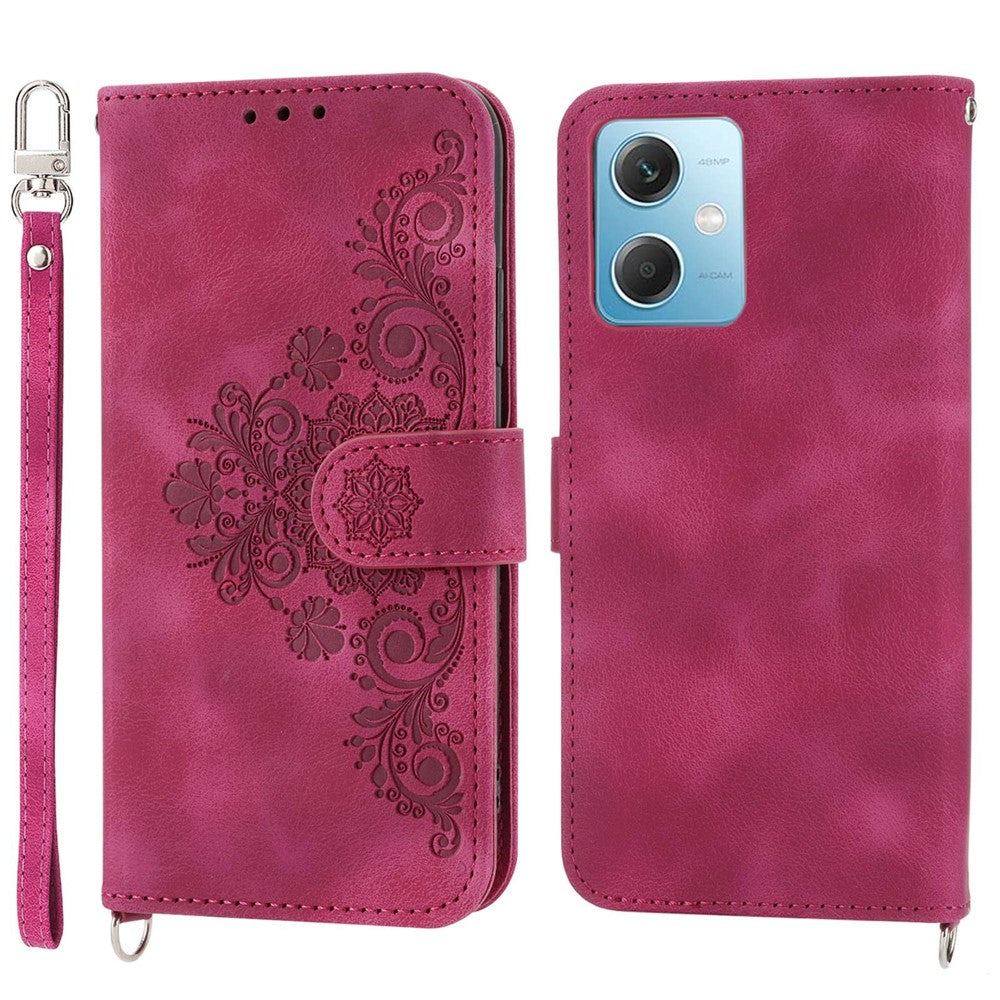 Xiaomi Redmi Note 12 5G (Global) / (Indien) / (Kina) / Poco X5 5G-mobilcover med hudvenlig overflade, prægede blomster, stativ, læderpung med håndledsrem og skulderrem