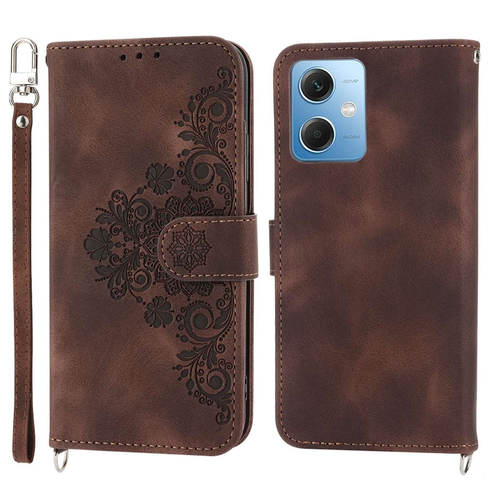Xiaomi Redmi Note 12 5G (Global) / (Indien) / (Kina) / Poco X5 5G Mobilskal med hudkänsla, präglade blommor, stativ, läderplånbok med handledsrem och axelrem