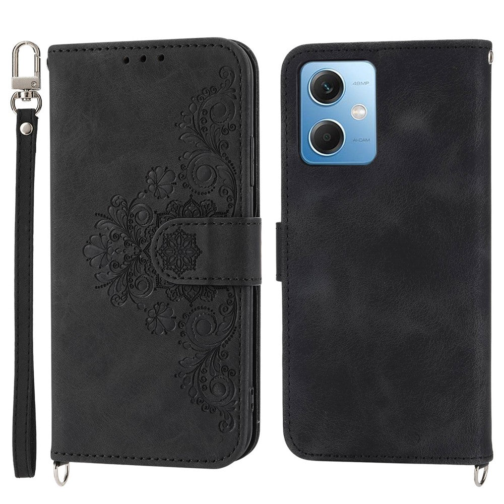 Xiaomi Redmi Note 12 5G (Global) / (Indien) / (Kina) / Poco X5 5G-mobilcover med hudvenlig overflade, prægede blomster, stativ, læderpung med håndledsrem og skulderrem