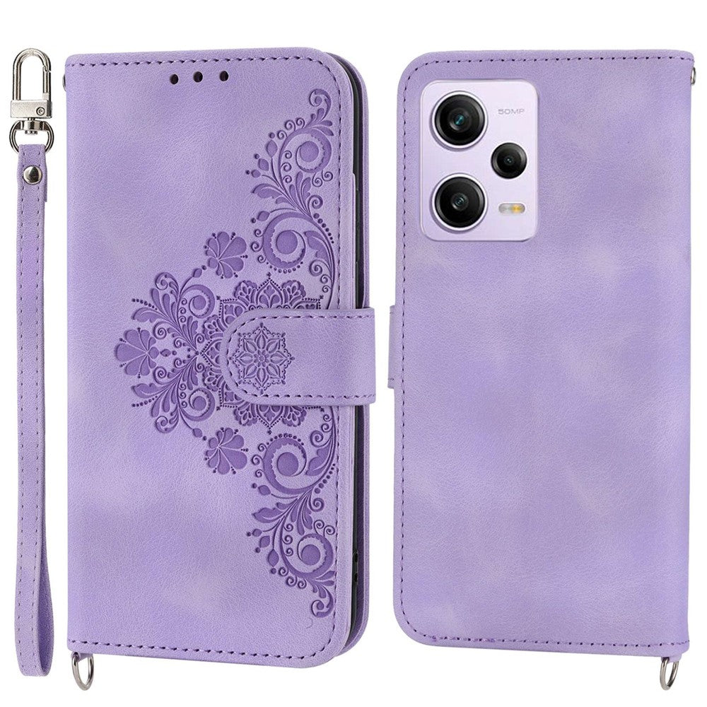 For Xiaomi Redmi Note 12 Pro 5G  / Note 12 Pro Speed 5G / Poco X5 Pro 5G Wallet Phone Cover Skin-touch Feeling Imprinted Flowers Stand Leather Case with Wrist Strap and Shoulder Strap