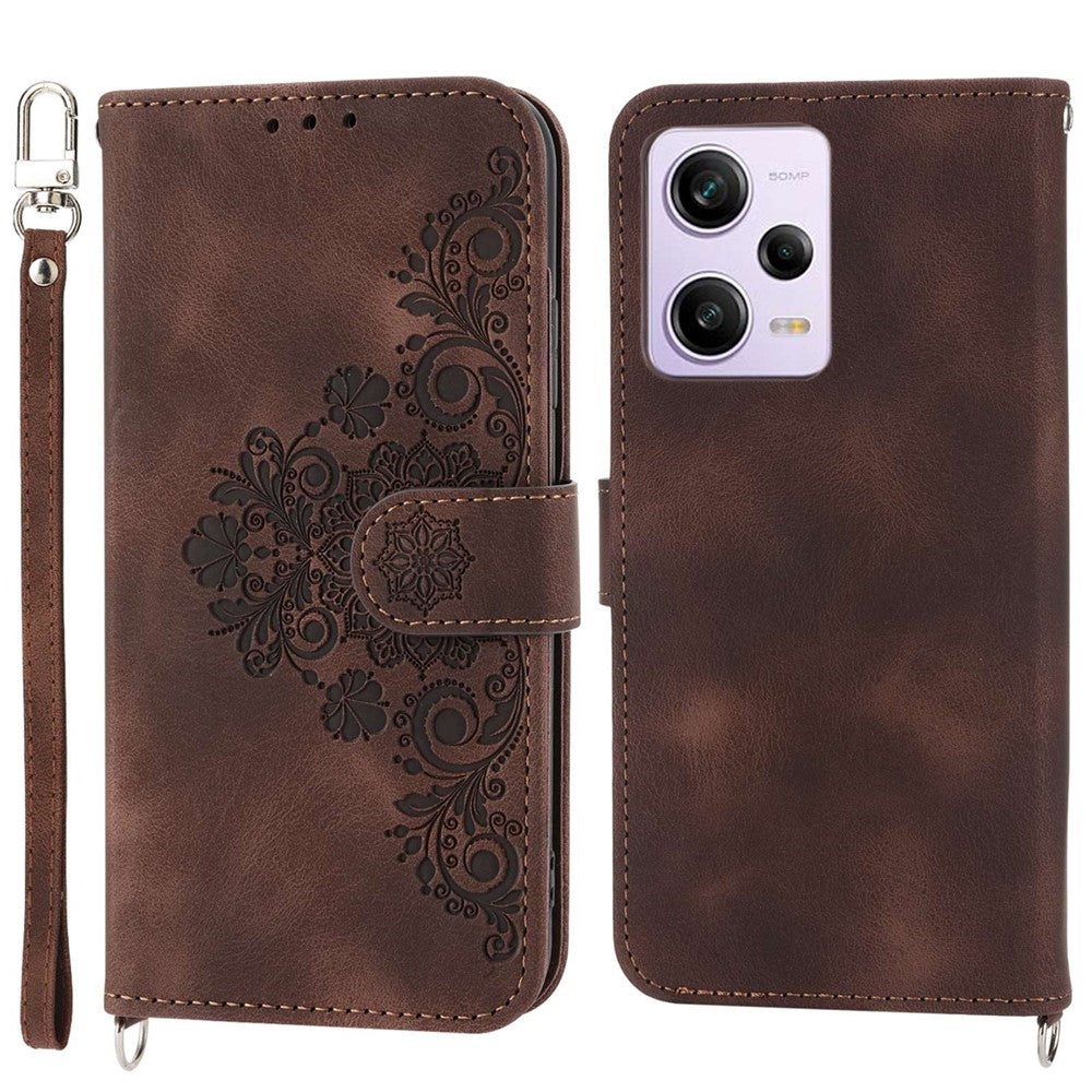 For Xiaomi Redmi Note 12 Pro 5G  / Note 12 Pro Speed 5G / Poco X5 Pro 5G Wallet Phone Cover Skin-touch Feeling Imprinted Flowers Stand Leather Case with Wrist Strap and Shoulder Strap