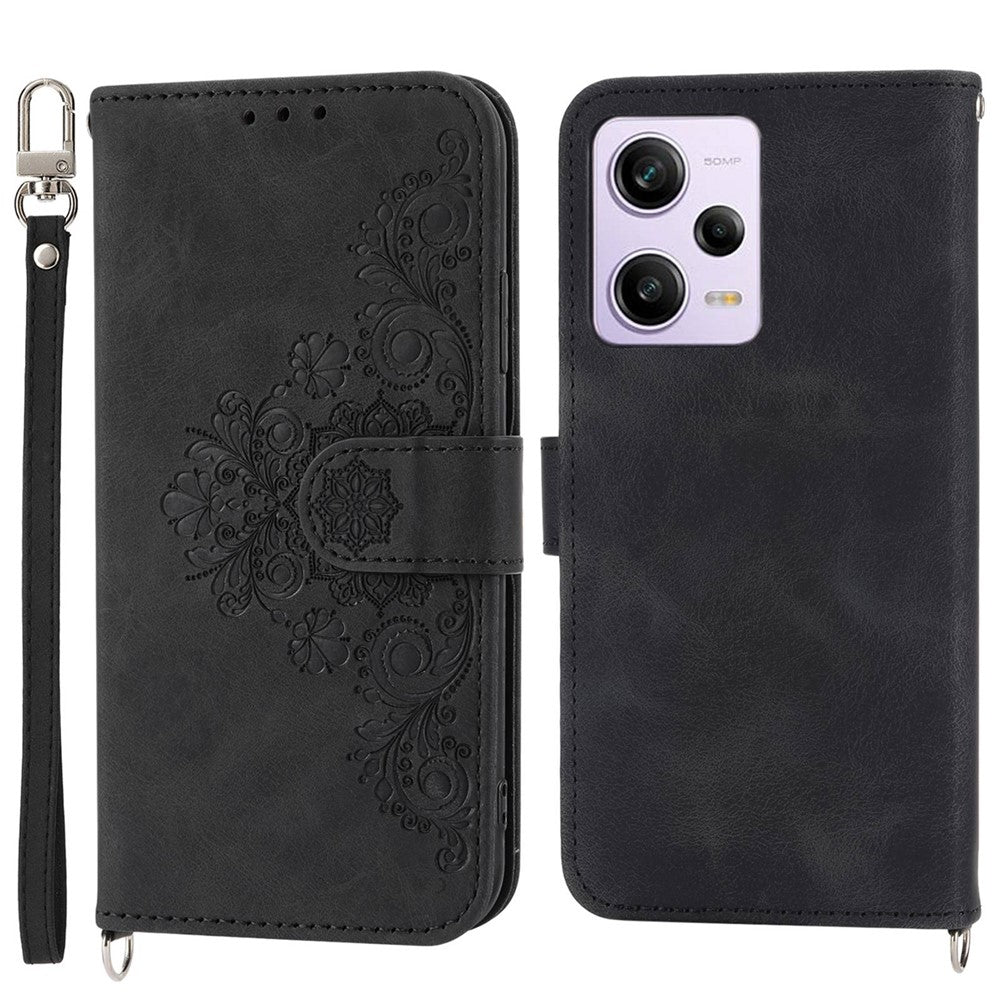 For Xiaomi Redmi Note 12 Pro 5G  / Note 12 Pro Speed 5G / Poco X5 Pro 5G Wallet Phone Cover Skin-touch Feeling Imprinted Flowers Stand Leather Case with Wrist Strap and Shoulder Strap