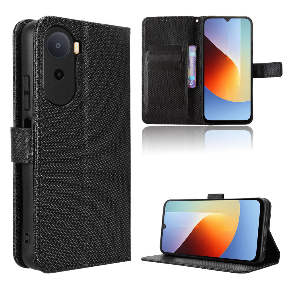 Leather Wallet Case for Xiaomi Poco C85x 5G / Poco C81 4G / Poco C81 Pro 4G / Redmi A7 Pro 4G (171.56mm) / Redmi A7 Pro 5G with Strap Diamond Texture Phone Cover