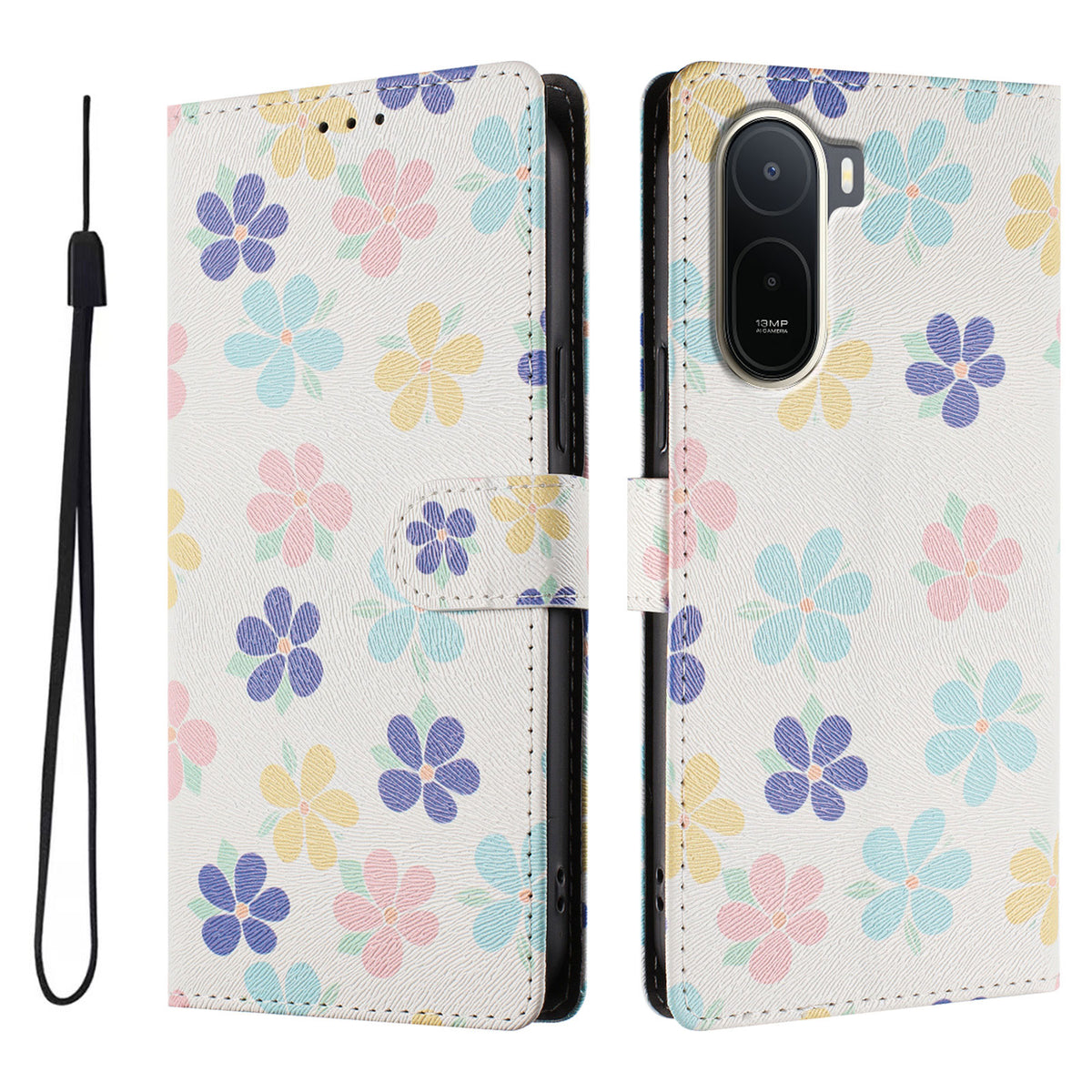 For Xiaomi Redmi A7 Pro 4G (171.56mm) / Poco C85x 5G Case Pattern Print PU Leather Wallet Phone Cover with Wrist Strap