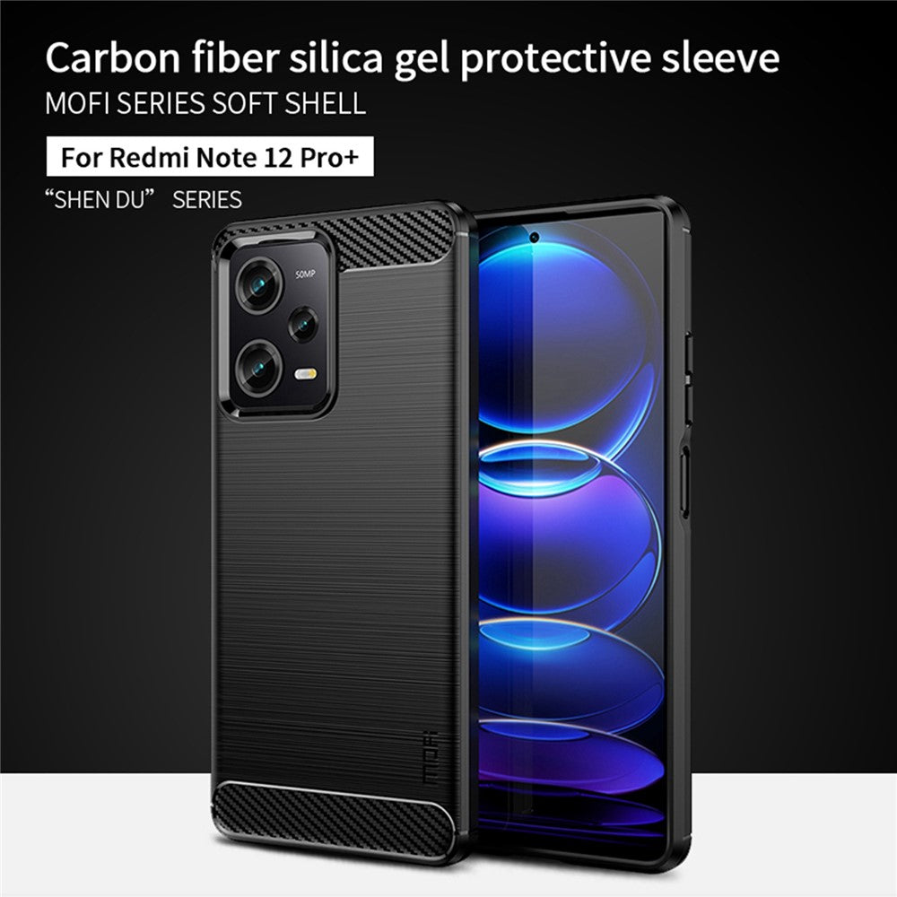 MOFI JK TPU Series-1 til Xiaomi Redmi Note 12 Pro+ 5G, fleksibelt TPU-cover med kulfibertekstur, ridsefast børstet bagside