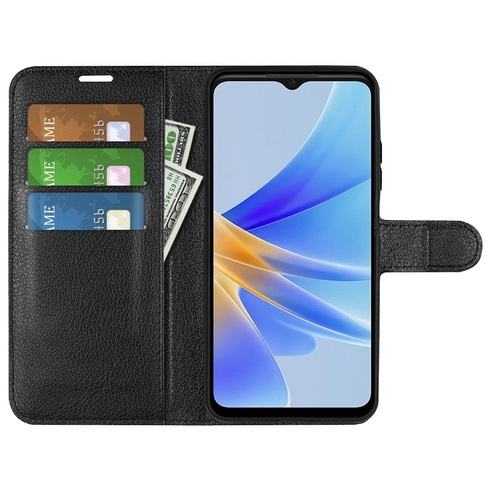 For Oppo A17 4G / A17k 4G PU Leather Stand Wallet Cell Phone Cover Flip Anti-dust Litchi Texture Phone Case
