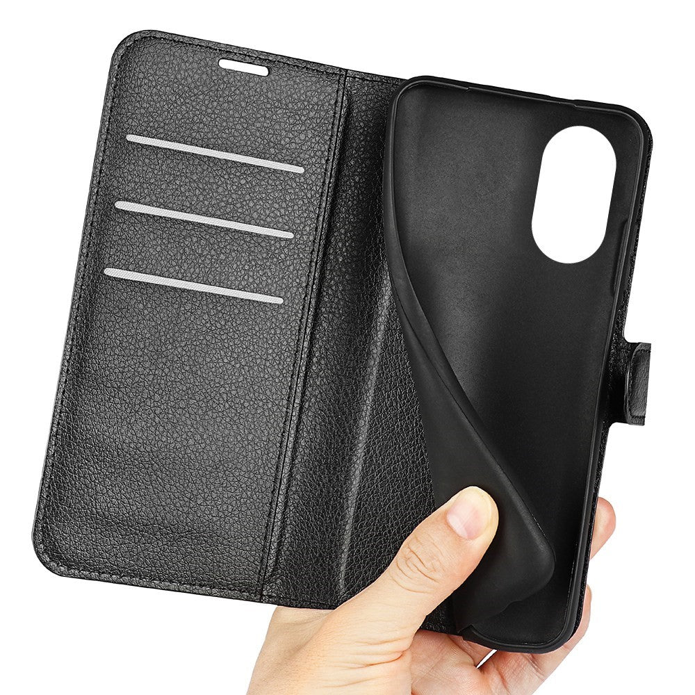 For Oppo A17 4G / A17k 4G PU Leather Stand Wallet Cell Phone Cover Flip Anti-dust Litchi Texture Phone Case