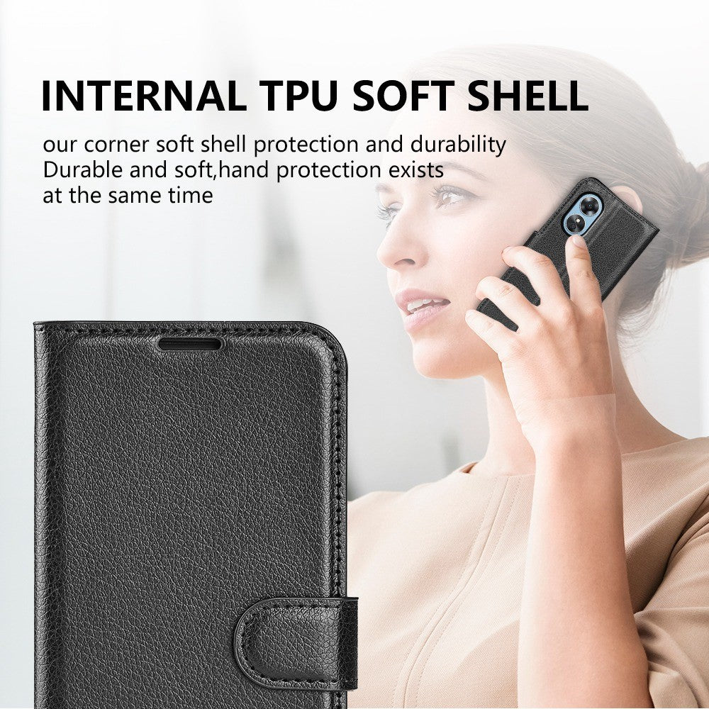 For Oppo A17 4G / A17k 4G PU Leather Stand Wallet Cell Phone Cover Flip Anti-dust Litchi Texture Phone Case