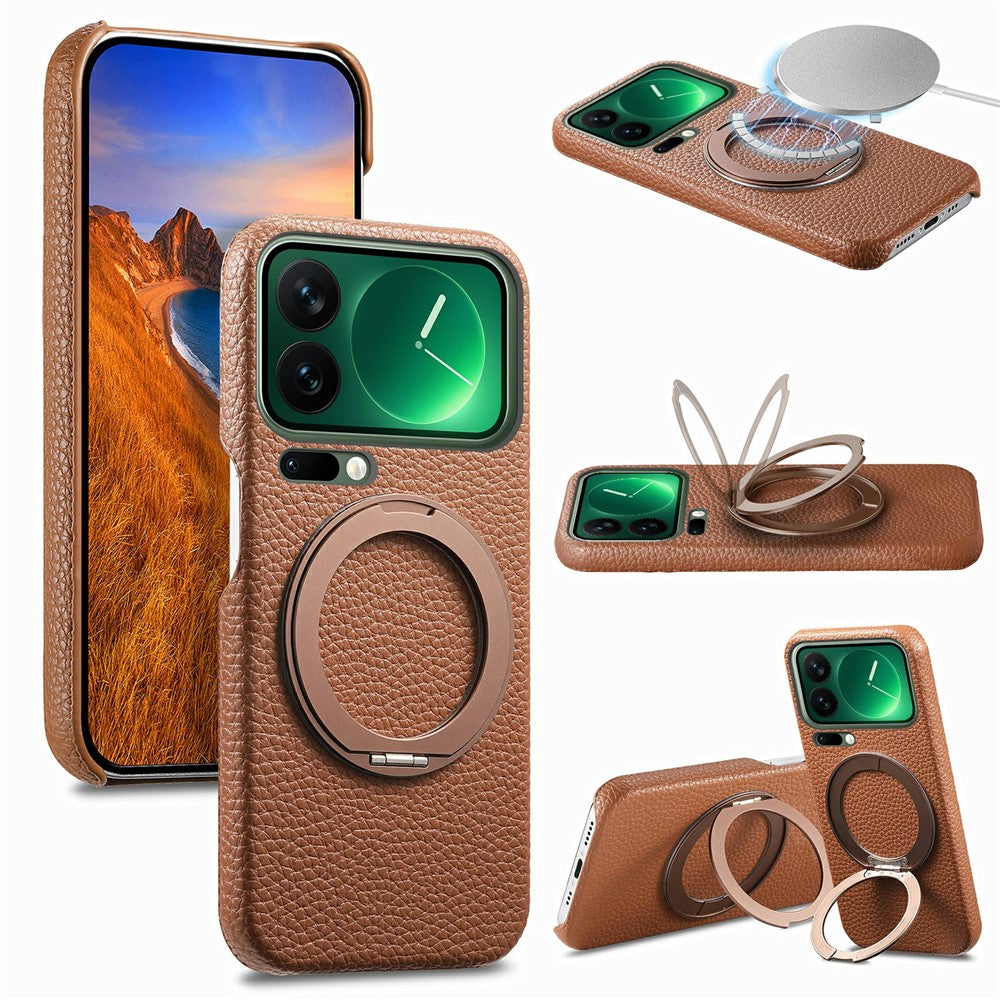 For Xiaomi 17 Pro Magnetic Case PC PU Phone Cover with 360 Rotating Ring Kickstand