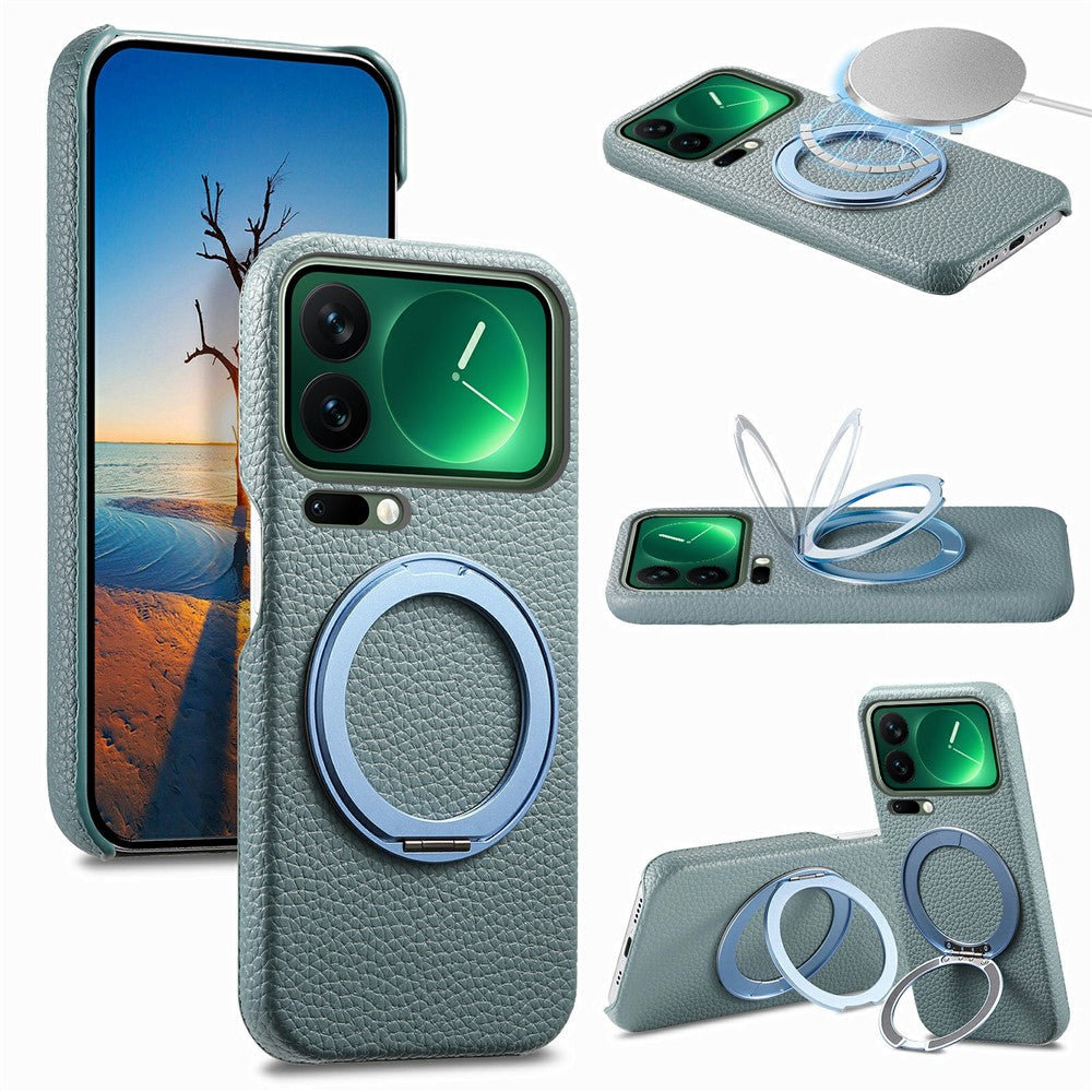 For Xiaomi 17 Pro Magnetic Case PC PU Phone Cover with 360 Rotating Ring Kickstand