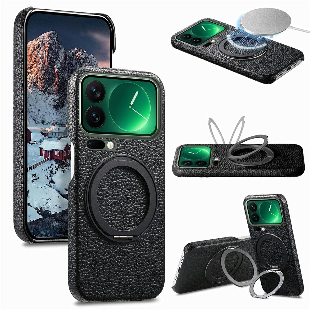 For Xiaomi 17 Pro Magnetic Case PC PU Phone Cover with 360 Rotating Ring Kickstand