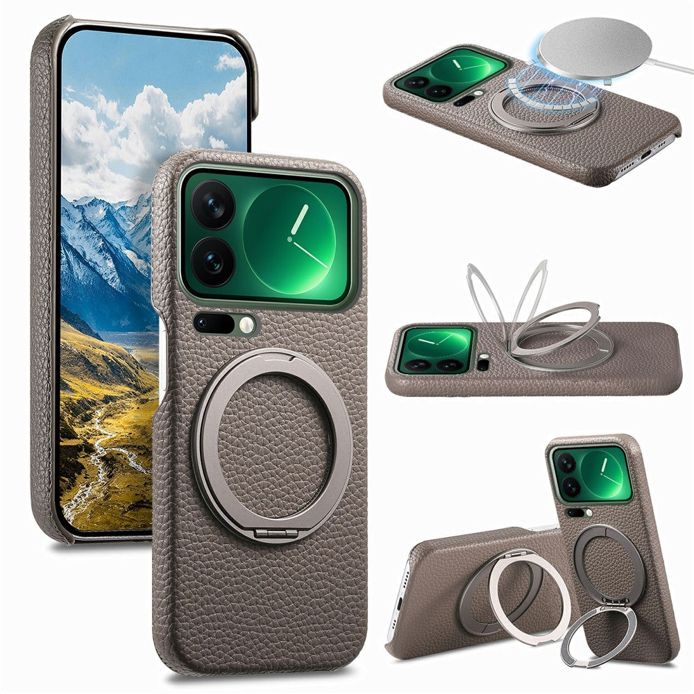 For Xiaomi 17 Pro Magnetic Case PC PU Phone Cover with 360 Rotating Ring Kickstand