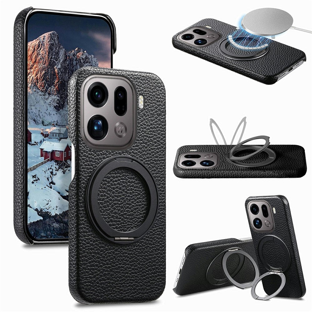 For Oppo Find X9 Pro 5G Magnetic Case PC PU Phone Cover with 360 Rotating Ring Kickstand
