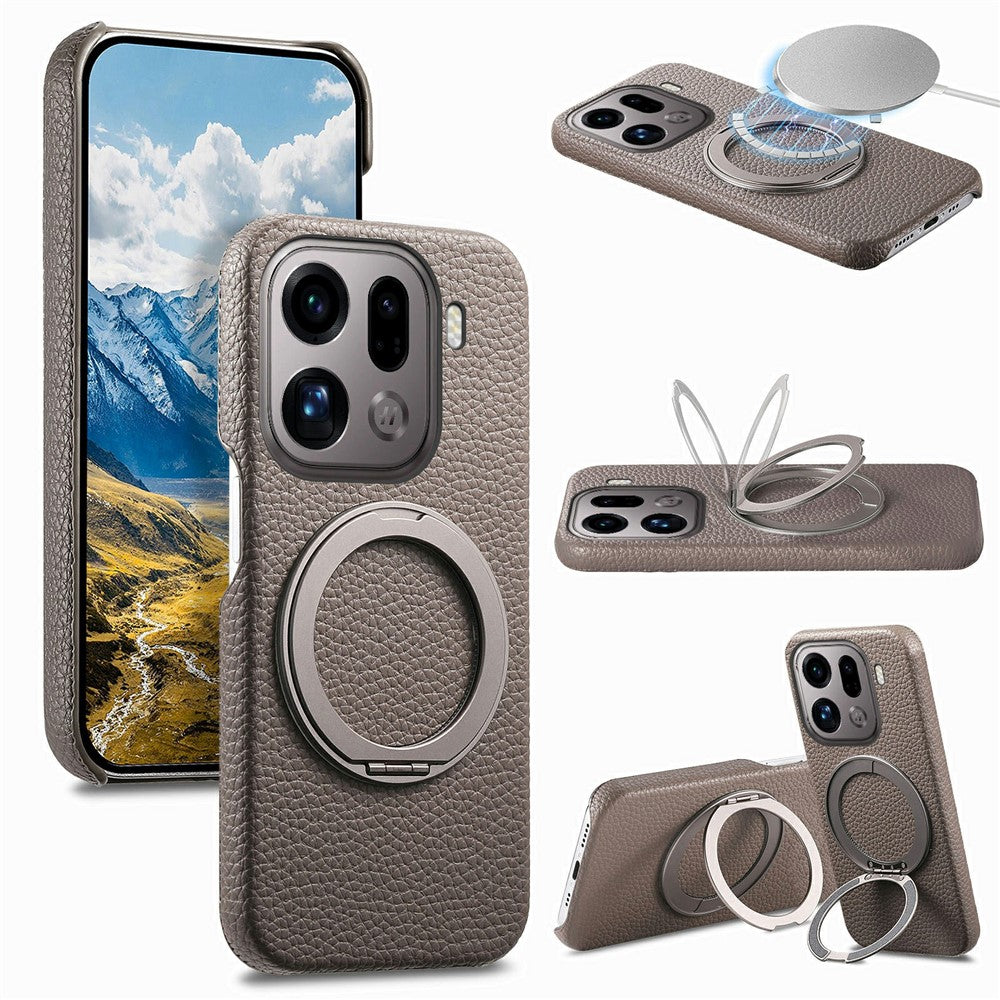 For Oppo Find X9 Pro 5G Magnetic Case PC PU Phone Cover with 360 Rotating Ring Kickstand