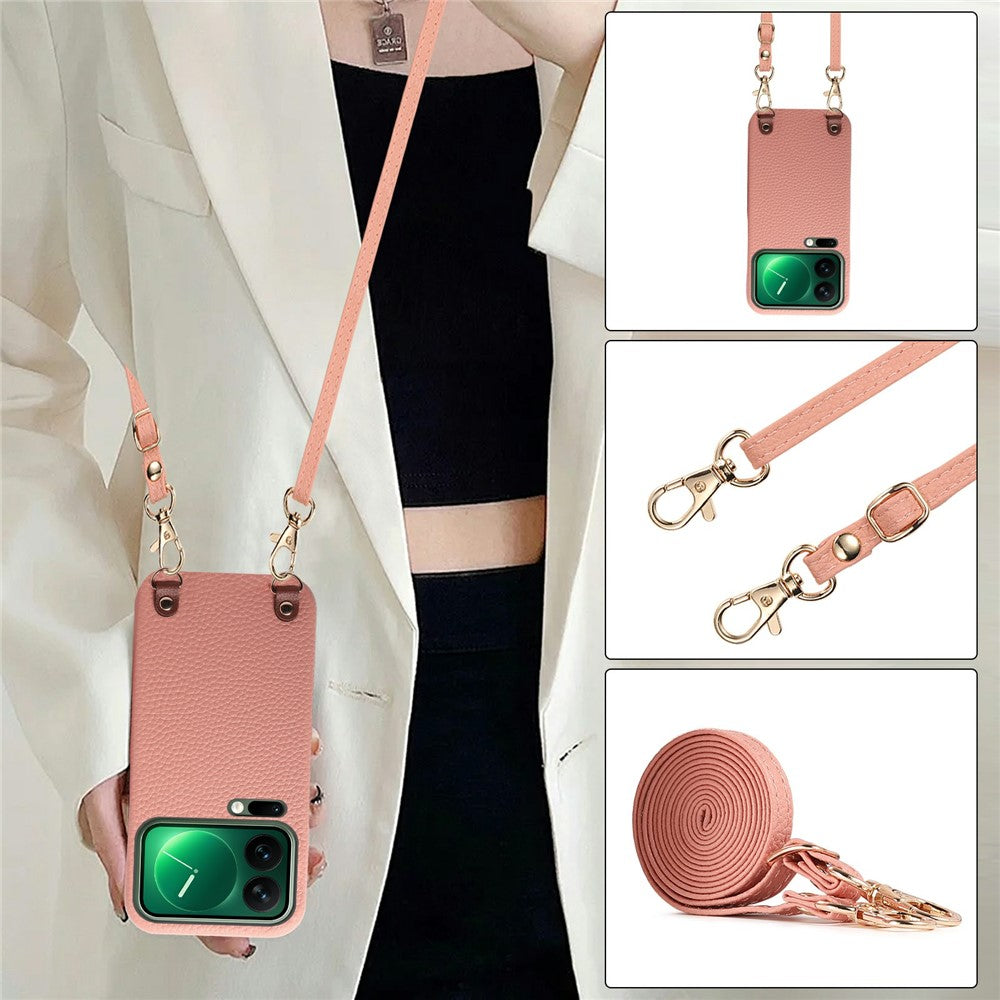 For Xiaomi 17 Pro Max Litchi Pattern Case with Lanyard Shockproof PC PU Leather Cover
