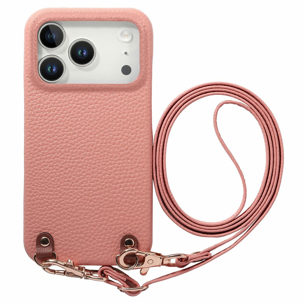 För iPhone 17 Pro Max Litchi-mönstrat fodral med snodd Stötsäkert PC PU-läderfodral