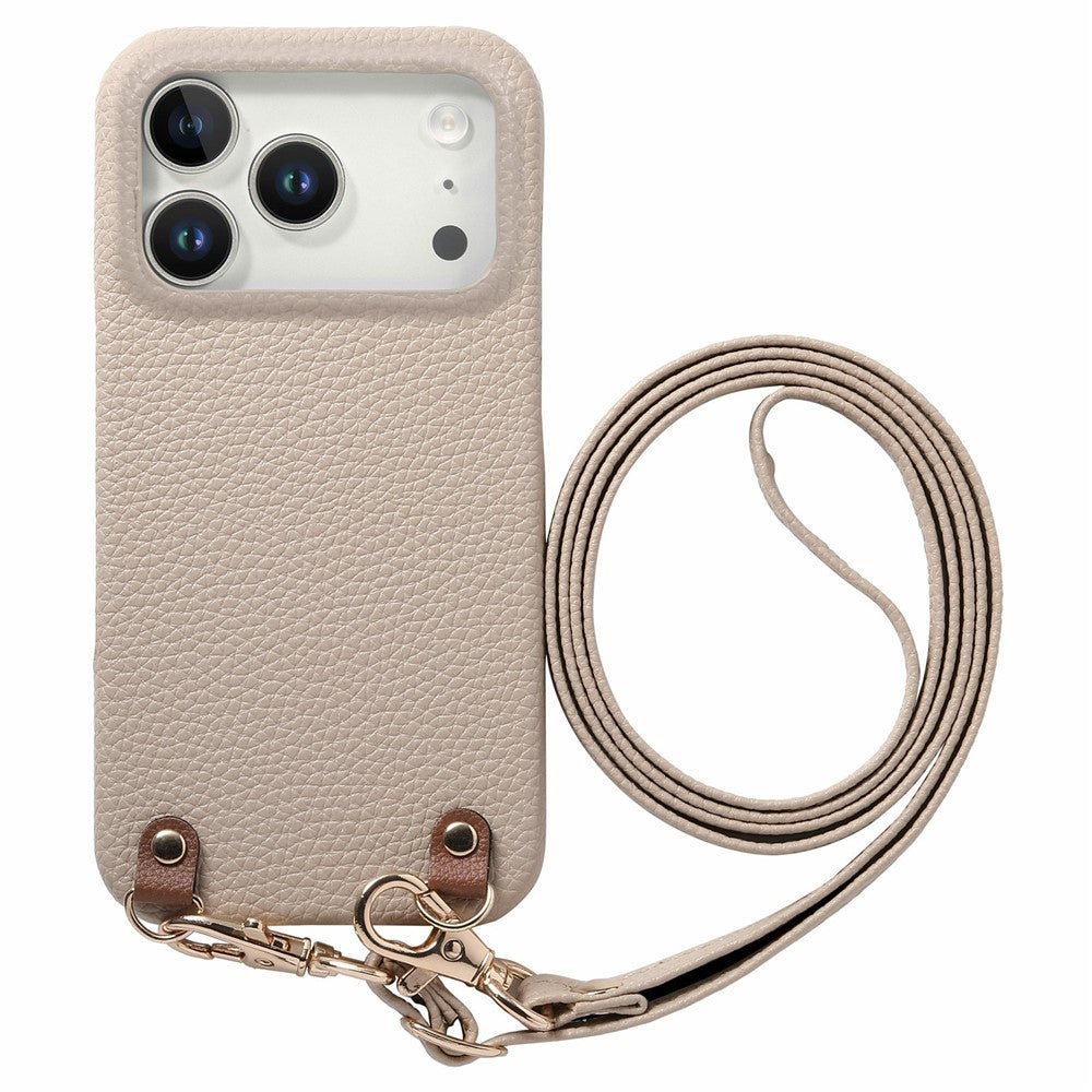 För iPhone 17 Pro Max Litchi-mönstrat fodral med snodd Stötsäkert PC PU-läderfodral