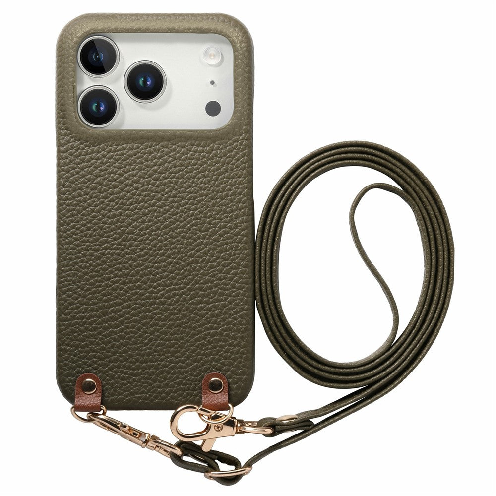 Til iPhone 17 Pro Max Litchi mønster cover med snor Stødsikkert PC PU læder cover