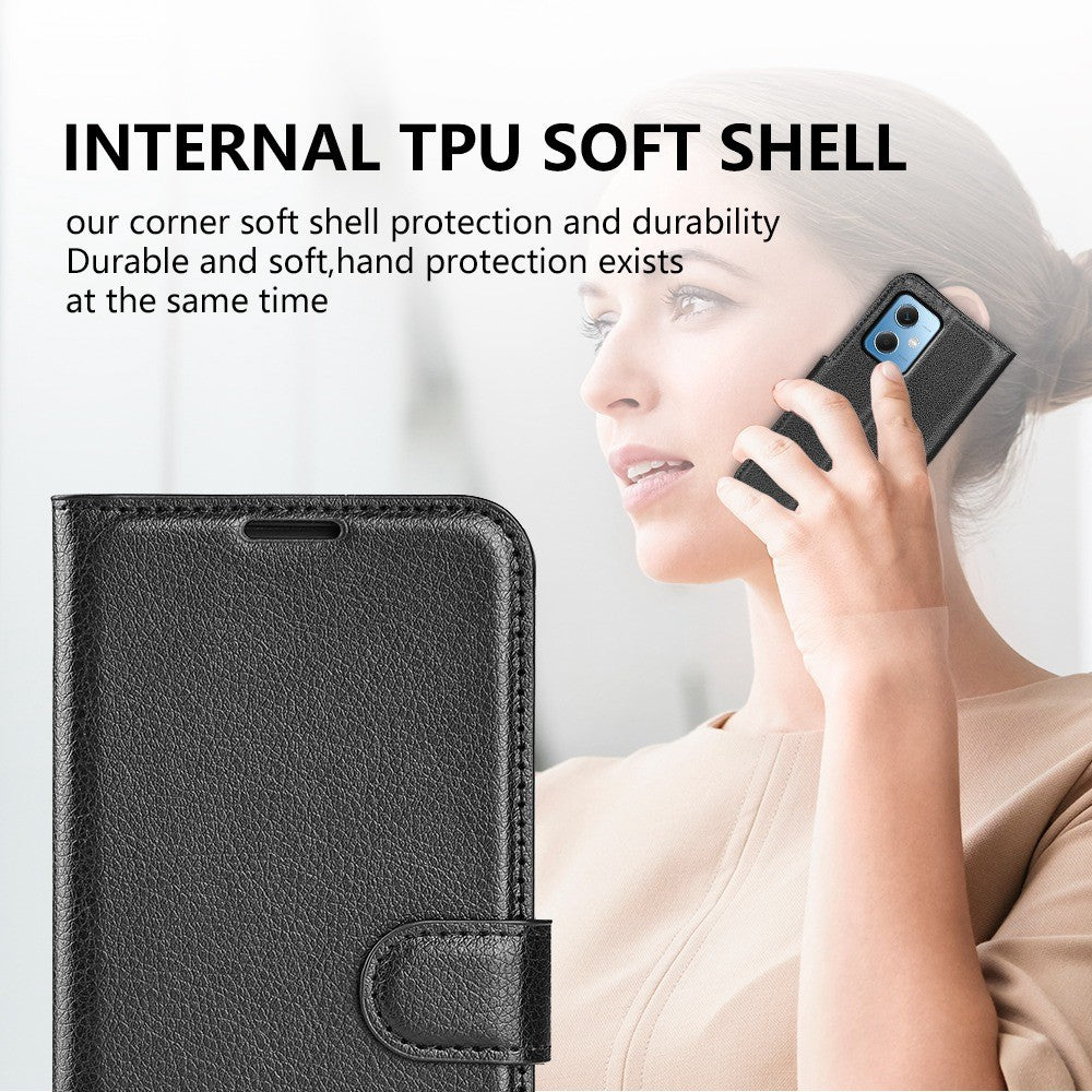 Xiaomi Redmi Note 12 5G (Global) / (Indien) / (Kina) / Poco X5 5G Fullt skyddande skal med fällbart lock, reptåligt litchi-textur, PU-läder, stativ, plånboksfodral