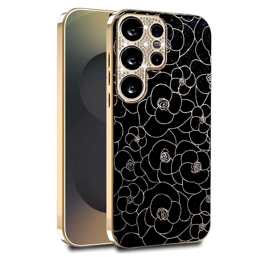 For Samsung Galaxy S26 Ultra Case Diamond Camera Ring Flower Pattern TPU PC Shockproof Protective Case