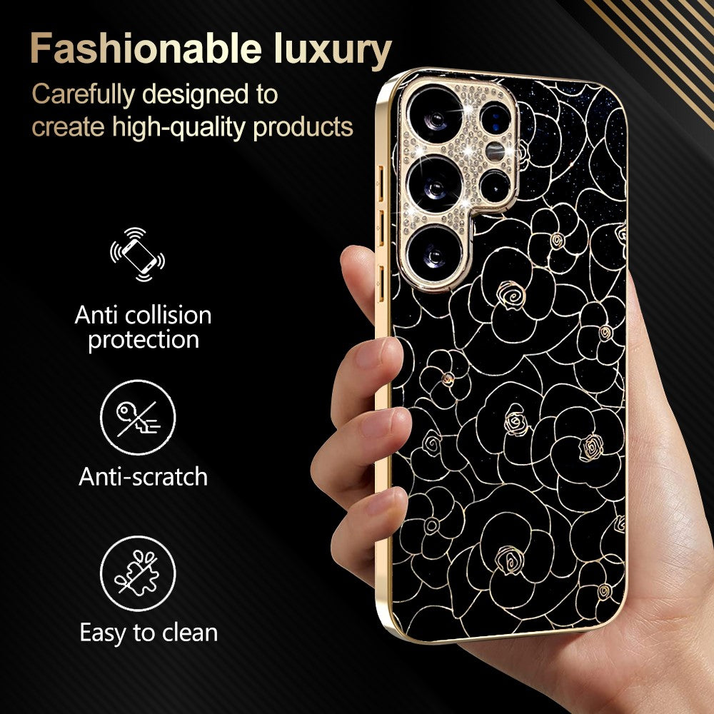For Samsung Galaxy S26 Ultra Case Diamond Camera Ring Flower Pattern TPU PC Shockproof Protective Case