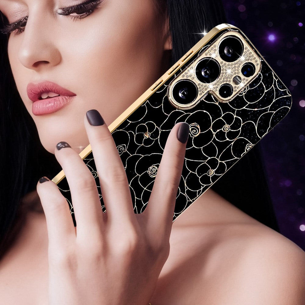 For Samsung Galaxy S26 Ultra Case Diamond Camera Ring Flower Pattern TPU PC Shockproof Protective Case